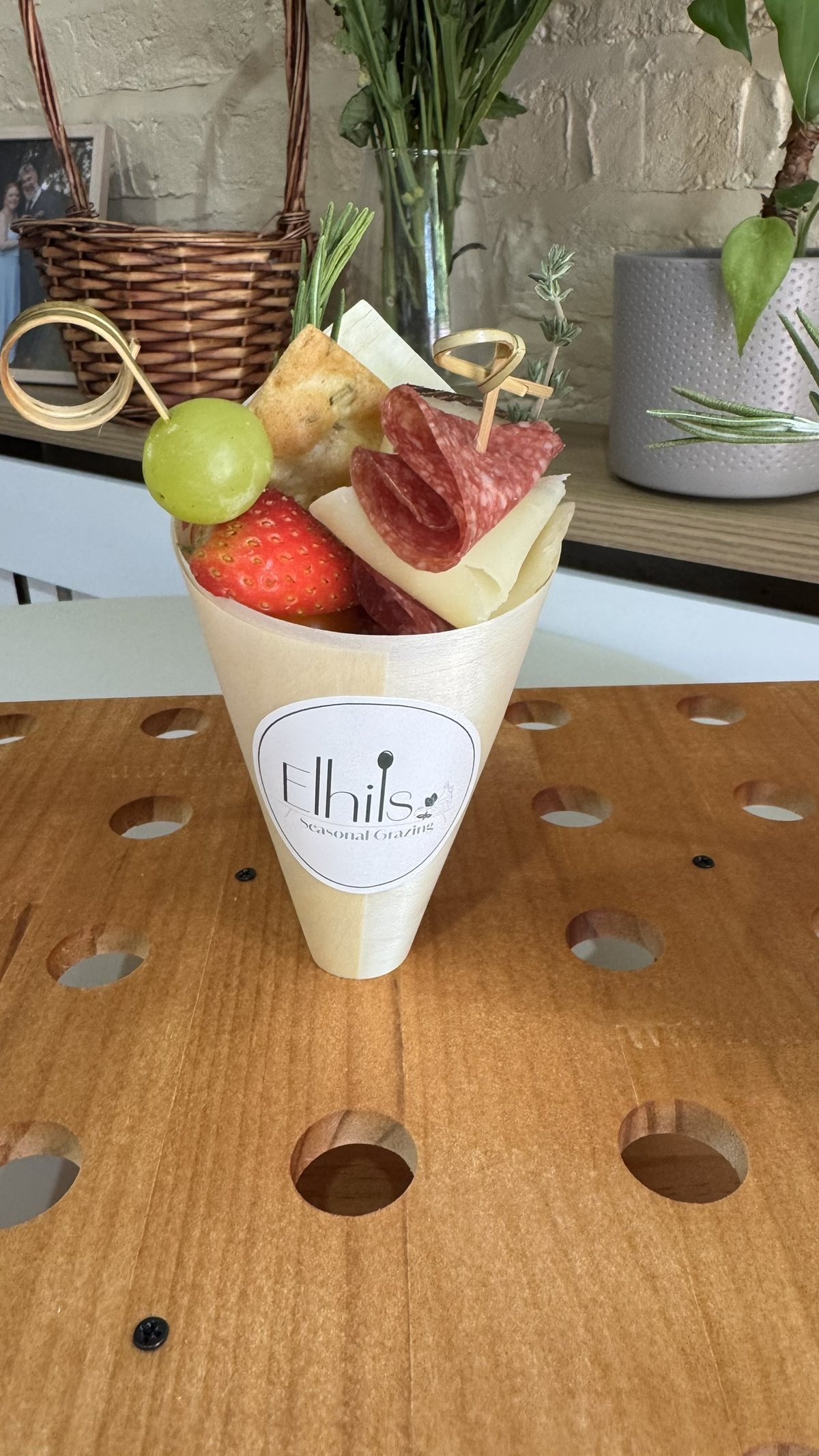Branded Elhils grazing cone filled with savoury treats